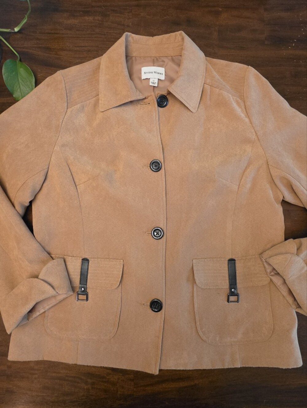 Studio Works Tan Camel Faux Suede Button Front Lined Jacket, Size 12